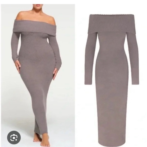 Skims NWT Cozy Knit Off The Shoulder Maxi Dress in Grey Chalk Size Medium - Picture 2 of 8